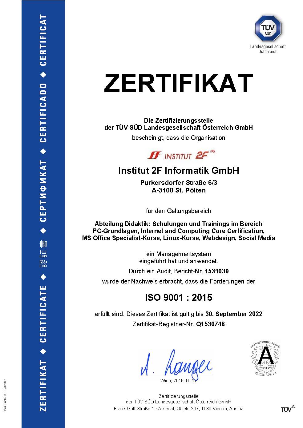 Abb.: ISO-Zertifikat 9001:2015