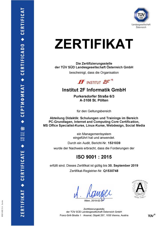 Bild: ISO 9001:2015 Zertifikat TÜV